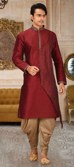 Red and Maroon color IndoWestern Dress in Art Dupion Silk fabric with Thread work