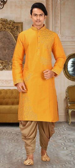 Yellow color IndoWestern Dress in Art Dupion Silk fabric with Embroidered, Thread work