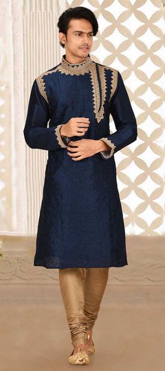 Blue color Kurta Pyjamas in Art Dupion Silk fabric with Embroidered, Thread work