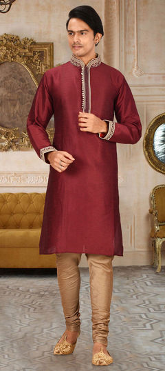 Red and Maroon color Kurta Pyjamas in Art Dupion Silk fabric with Embroidered, Thread work