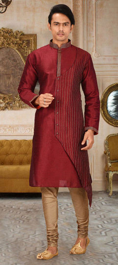 Red and Maroon color Kurta Pyjamas in Art Dupion Silk fabric with Thread work