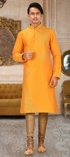 Yellow color Kurta Pyjamas in Art Dupion Silk fabric with Embroidered, Thread work