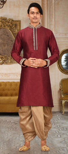 Red and Maroon color Dhoti Kurta in Art Dupion Silk fabric with Embroidered, Thread work