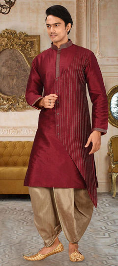 Red and Maroon color Dhoti Kurta in Art Dupion Silk fabric with Thread work