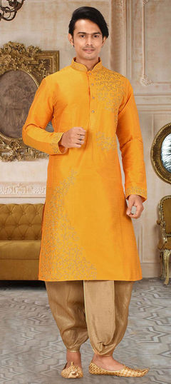 Yellow color Dhoti Kurta in Art Dupion Silk fabric with Embroidered, Thread work