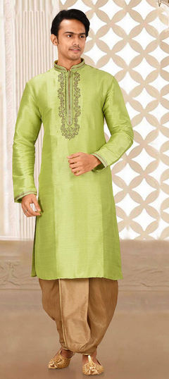 Green color Dhoti Kurta in Art Silk fabric with Thread, Zardozi work