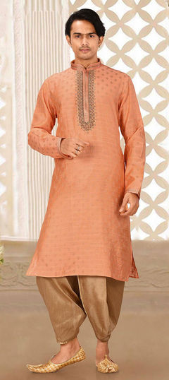 Orange color Dhoti Kurta in Linen fabric with Thread, Zardozi work