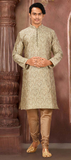 Beige and Brown color Kurta Pyjamas in Jamawar fabric with Thread work