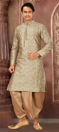 Beige and Brown color Dhoti Kurta in Jamawar fabric with Thread work