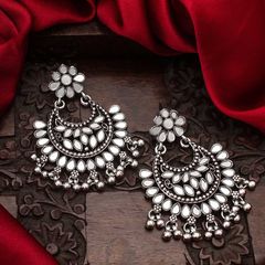Silver Rodium Polish Silver color Earrings in Copper studded with Kundan