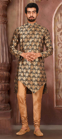 Black and Grey color Kurta Pyjamas in Jacquard fabric with Weaving work