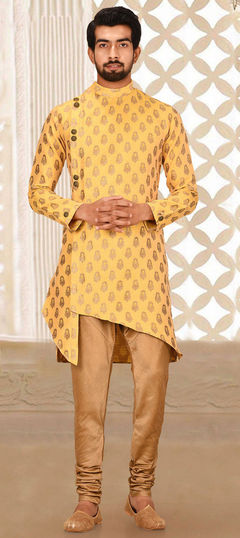 Yellow color Kurta Pyjamas in Jacquard fabric with Weaving work