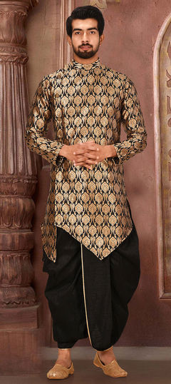 Black and Grey color Dhoti Kurta in Jacquard fabric with Weaving work