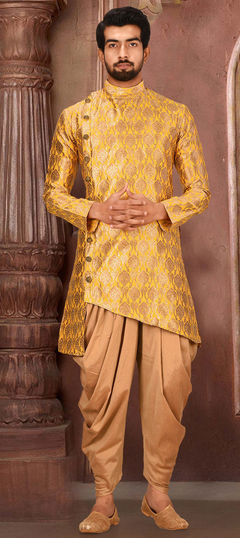 Yellow color IndoWestern Dress in Jacquard fabric with Weaving work