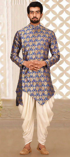 Blue color IndoWestern Dress in Jacquard fabric with Weaving work