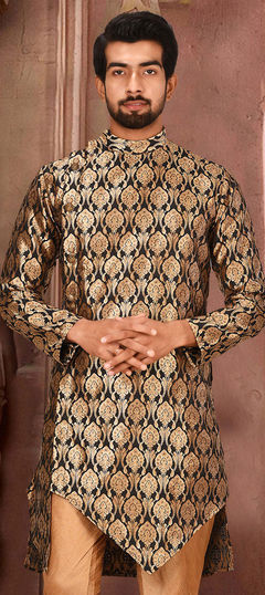 Black and Grey color Kurta in Jacquard fabric with Weaving work