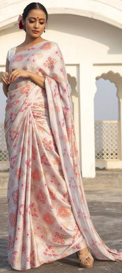 White and Off White color Saree in Satin Silk, Silk fabric with Digital Print, Floral work