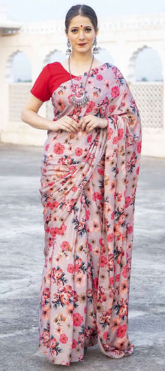 Multicolor color Saree in Satin Silk, Silk fabric with Digital Print, Floral work