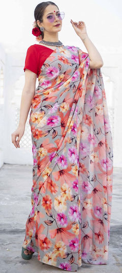 Casual, Traditional Multicolor color Saree in Satin Silk, Silk fabric with South Digital Print, Floral work : 1760490