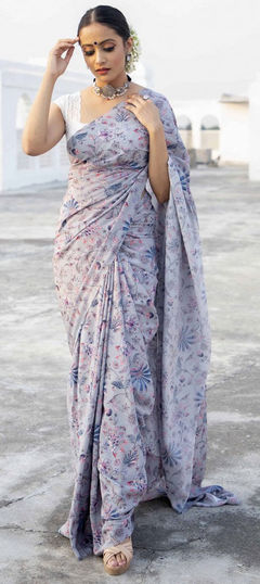 Black and Grey color Saree in Satin Silk, Silk fabric with Digital Print, Floral work