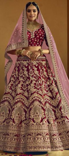 Red and Maroon color Lehenga in Velvet fabric with Embroidered, Resham, Sequence, Thread, Zari work