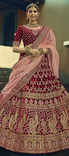 Red and Maroon color Lehenga in Velvet fabric with Embroidered, Resham, Sequence, Thread, Zari work