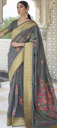 Black and Grey color Saree in Linen fabric with Weaving work