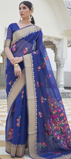 Blue color Saree in Linen fabric with Weaving work