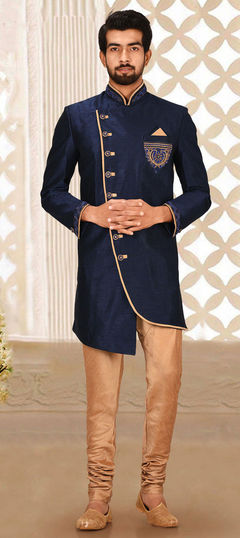 Blue color Kurta Pyjamas in Art Dupion Silk fabric with Broches, Zardozi work