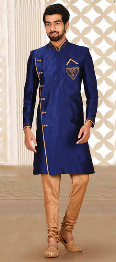 Blue color Kurta Pyjamas in Art Dupion Silk fabric with Broches, Zardozi work