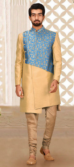 Beige and Brown color Kurta Pyjamas in Art Dupion Silk fabric with Broches, Thread work