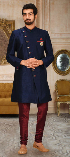 Blue color Kurta Pyjamas in Art Dupion Silk fabric with Broches, Thread work