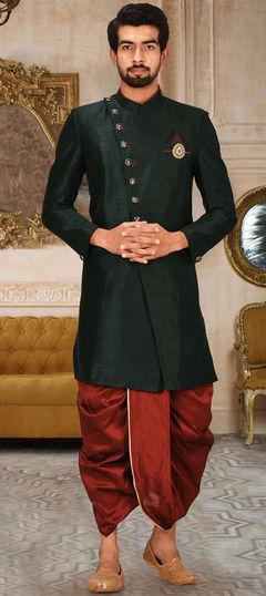 Green color Dhoti Kurta in Art Dupion Silk fabric with Broches, Thread work