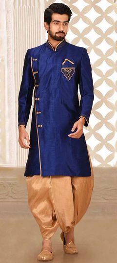 Blue color Dhoti Kurta in Art Dupion Silk fabric with Broches, Zardozi work