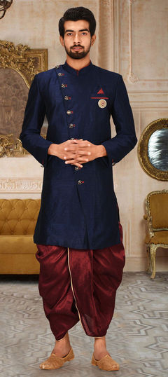 Blue color Dhoti Kurta in Art Dupion Silk fabric with Broches, Thread work