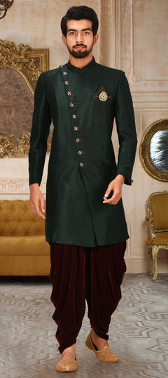 Green color IndoWestern Dress in Art Dupion Silk fabric with Broches, Thread work