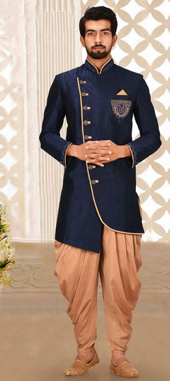 Blue color IndoWestern Dress in Art Dupion Silk fabric with Broches, Zardozi work