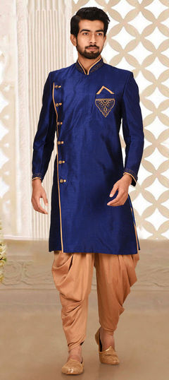Blue color IndoWestern Dress in Art Dupion Silk fabric with Broches, Zardozi work