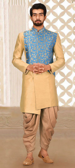 Beige and Brown color IndoWestern Dress in Art Dupion Silk fabric with Broches, Thread work
