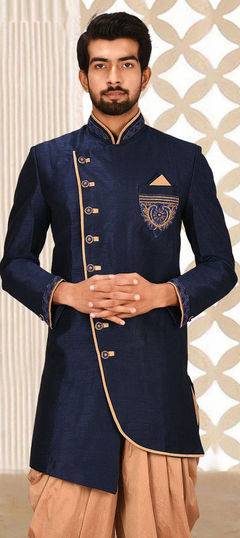 Blue color Kurta in Art Dupion Silk fabric with Broches, Zardozi work