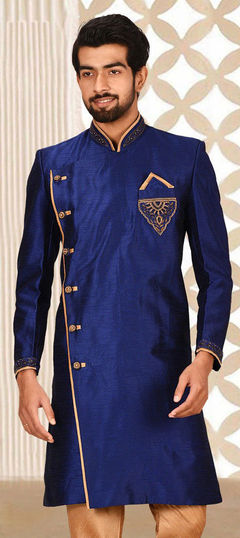 Blue color Kurta in Art Dupion Silk fabric with Broches, Zardozi work