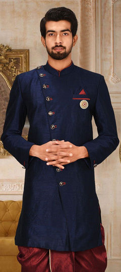 Blue color Kurta in Art Dupion Silk fabric with Broches, Thread work