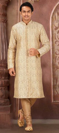 Beige and Brown color Kurta Pyjamas in Art Dupion Silk fabric with Embroidered, Thread work