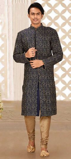 Blue color Kurta Pyjamas in Art Dupion Silk fabric with Embroidered, Thread work