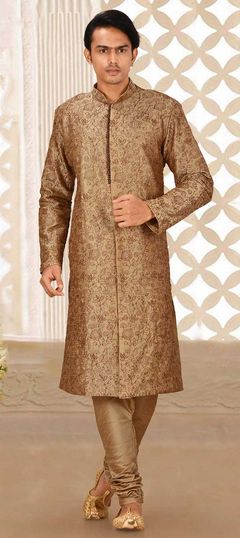 Beige and Brown color Kurta Pyjamas in Art Dupion Silk fabric with Embroidered, Thread work