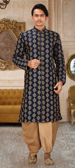 Blue color Dhoti Sherwani in Art Dupion Silk fabric with Embroidered, Thread work : 1760634