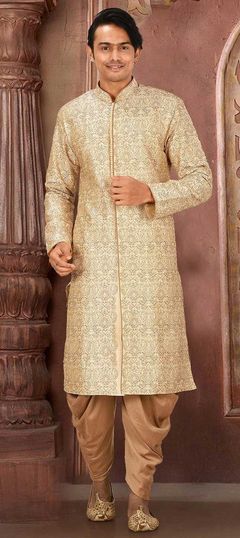 Beige and Brown color IndoWestern Dress in Art Dupion Silk fabric with Embroidered, Thread work