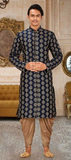 Blue color IndoWestern Dress in Art Dupion Silk fabric with Embroidered, Thread work