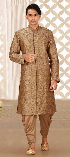 Beige and Brown color IndoWestern Dress in Art Dupion Silk fabric with Embroidered, Thread work