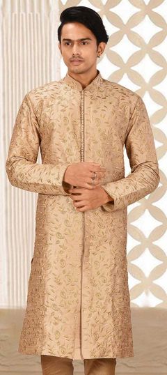 Beige and Brown color Kurta in Art Dupion Silk fabric with Embroidered, Thread work